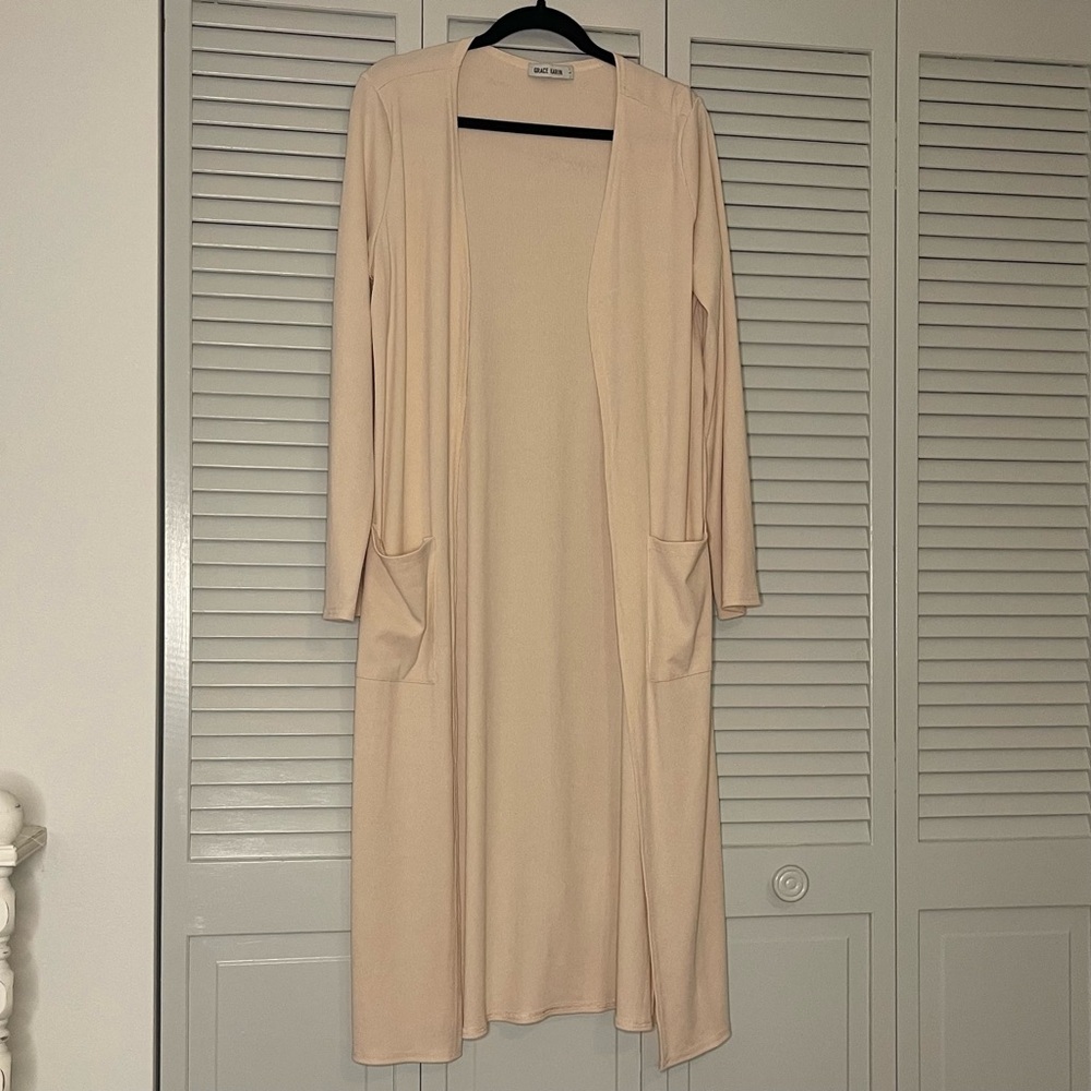 Grace Karin Long Sleeve Duster Length Open Front Pink Cardigan with Pockets - Picture 1 of 7